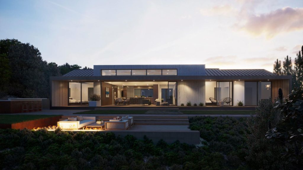 Exterior architectural visualisation of a modern home exterior at dusk, with illuminated outdoor garden area and interior spaces.