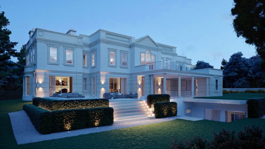 Architectural visualisation of a large, modern house exterior at dusk, with illuminated walkway and featured gardens, architectural lighting highlighting clean lines.