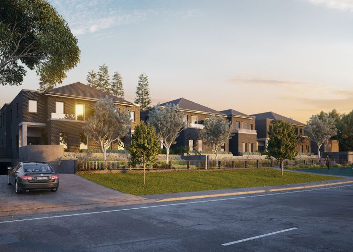 Exterior 3D architectural visualisation of a residential development project in Sydney, highlighting architectural design and realistic landscaping.