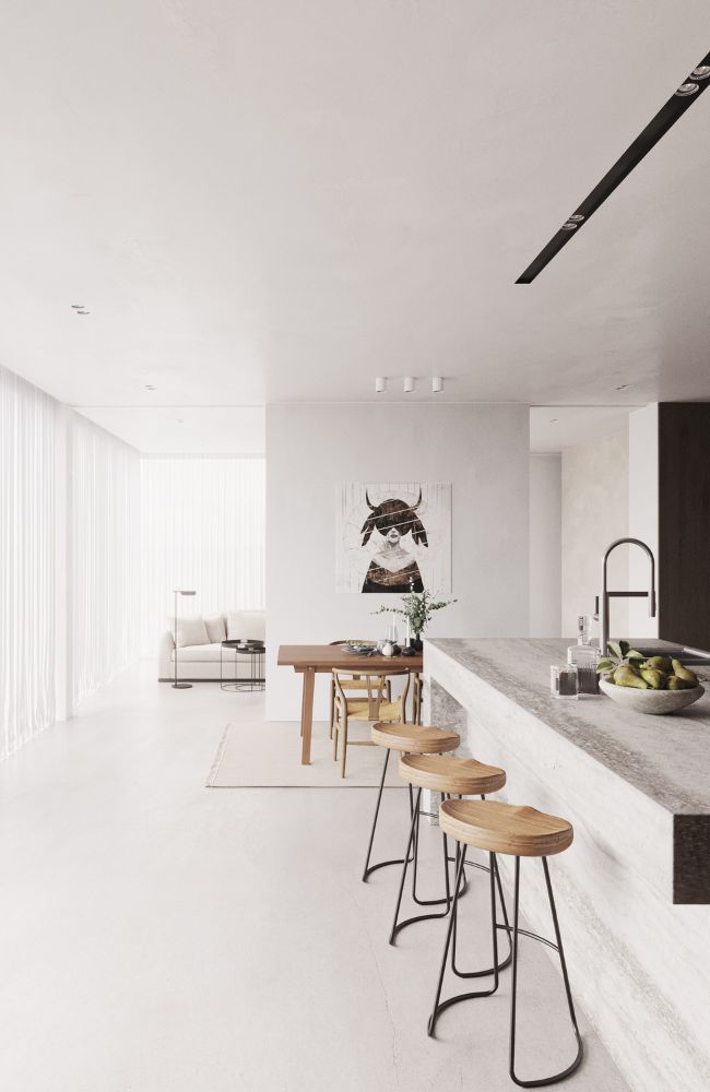 Photorealistic architectural visualisation of a modern kitchen, featuring sleek finishes, lighting, and realistic materials.
