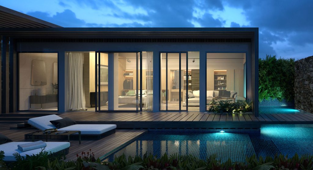 Photorealistic architectural visualisation of a home with a pool at night, highlighting materials, lighting, reflections, and an ambient design.
