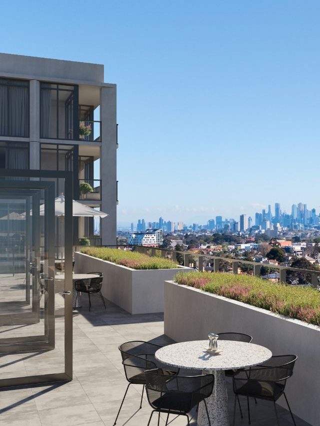 Commercial 3D rendering showcasing rooftop seating and views of Melbourne VIC
